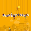 Flat design concept small people working typography word Ã¢â¬ÅADVERTISINGÃ¢â¬Â. Vector illustrate.